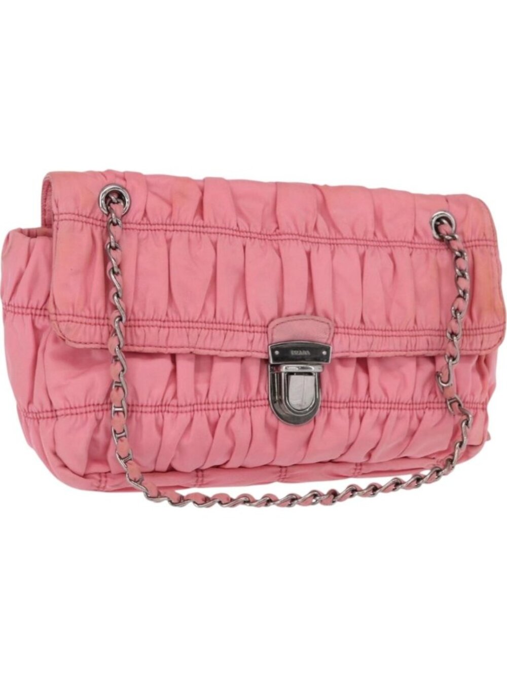 PRADA Gathered Chain Shoulder Bag Nylon Pink Silver
